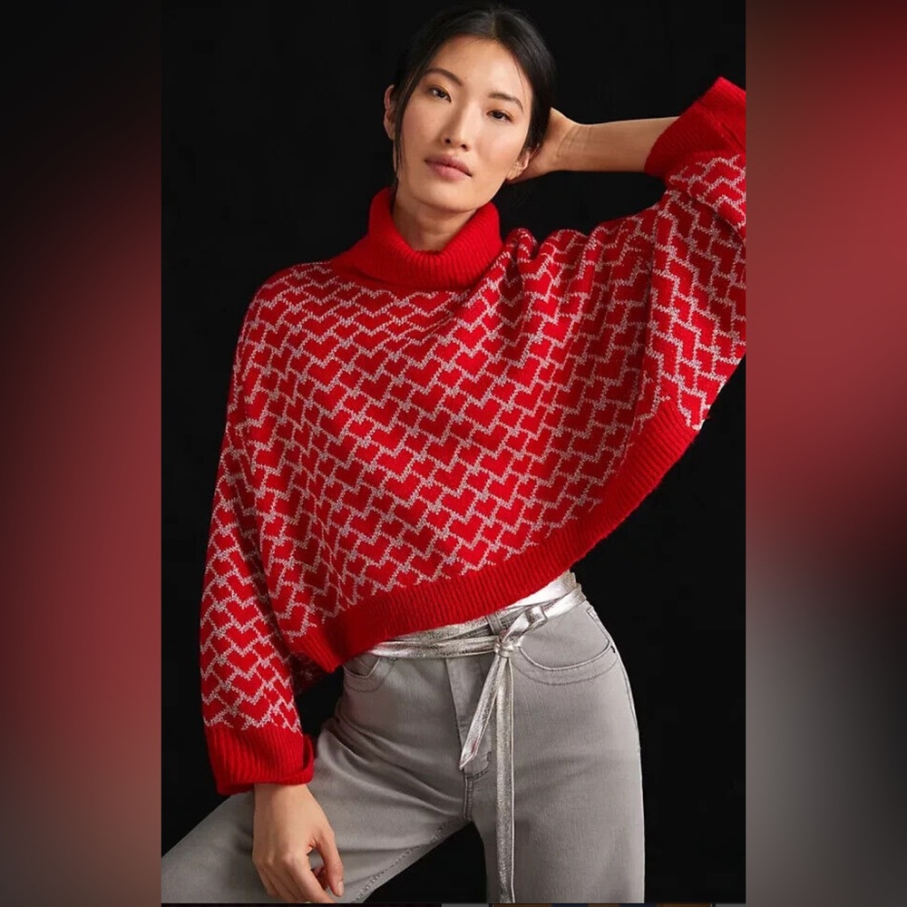 Lili Sidonio X Molly Bracken Shimmer Heart Turtleneck Sweater Small S Red Silver